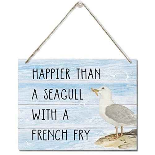 Happier Than a Seagull with a French Fry Decor Sign, Hanging Printed Wall Plaque Wood Signs, Home D?cor Gift, Rustic Farmhouse Decorations for The Home 10X7.8inch