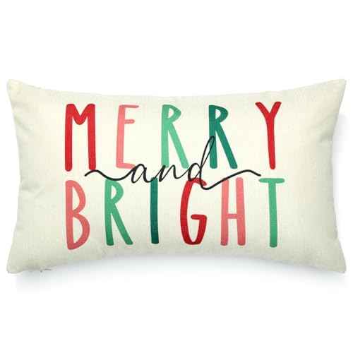 Christmas Pillow Covers 12x20 Christmas Decorations Merry Bright Colorful Christmas Lumbar Pillows Decorative Throw Pillows Cases Winter Holiday Decor for Home Couch