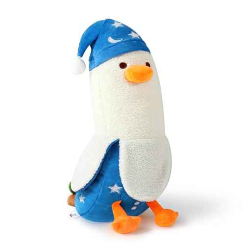 PEACH CAT Cute Long Banana Duck Plush Pillow Toy Cute Duck Plushie with Nightcap Duck Stuffed Animal for Kids White and Blue 19.7"