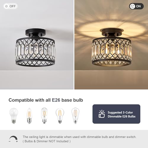 Pevfah Black Crystal Ceiling Light - 9 Inch Semi Flush Fixture for Small Spaces