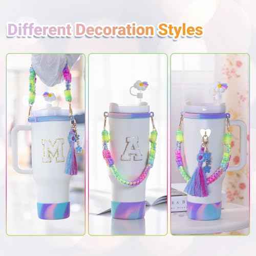 8Pcs Initial Stanley Cup Accessories Set for 40Oz 30Oz 20Oz - Teen Girls Gifts Tumbler Cup Decorations with Handle, Rainbow Straw Topper, Flower Charms, Silicone Boot and Letter Stickers A