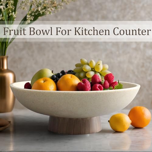 Resin Pedestal Fruit Bowl with Wood-Look Base - Large Modern Kitchen & Dining Centerpiece - Brown