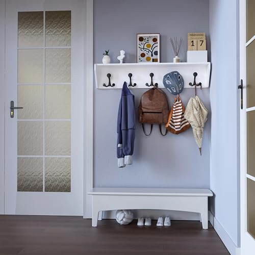 White Wall Shelf with Hooks - 35-Inch Coat Rack & Organizer with 5 Tri Hooks