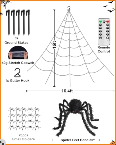 Giant Luminous Spider Web Halloween Decorations with Spider & Lights