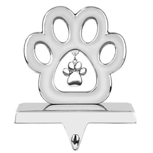 Hooqict 3D Dog Paw Christmas Stocking Holder with Pendant for Mantel Silver Metal Pet Paw Fireplace Decorations Stocking Holder Christmas Stocking Hanger for Christmas Decorations Xmas Holiday Supplie