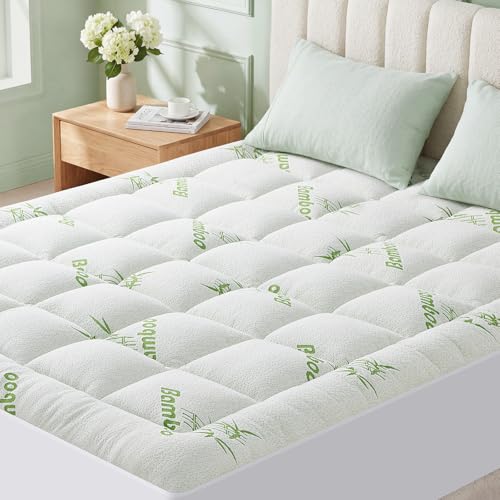 Green Full Size Bamboo Mattress Topper - Extra Thick Quilted Pillow Top, Cooling & Breathable, Deep Pocket Fit 6-18 Inches