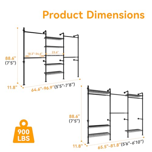 Higeego W3 Wall Mounted Clothes Rack - Black Industrial Pipe Closet System, Adjustable & Heavy Duty
