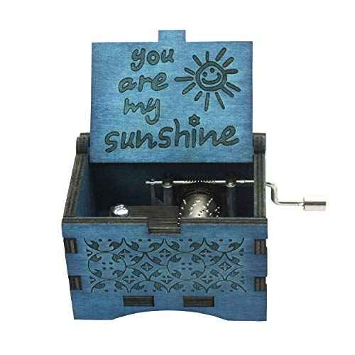 You are My Sunshine Wooden Music Boxes Laser Engraved Hand Crank Classical Wood Sunshine Musical Box Gifts for Birthday Christmas Valentine's Day (Blue Sunshine)