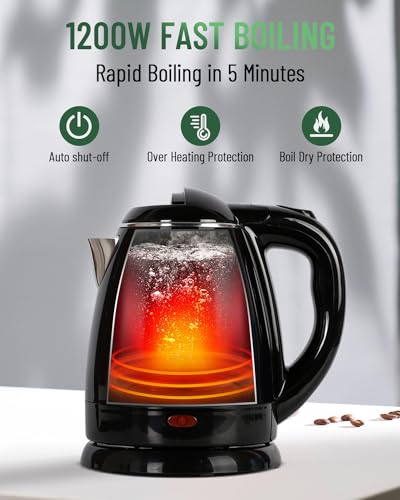 WTJMOV 1.2L Electric Kettle Small, 40 Ounce Hot Tea Kettle Double Wall Stainless Steel, 1200W Electric Water Boiler Rapid-Boil Auto Shut Off Black