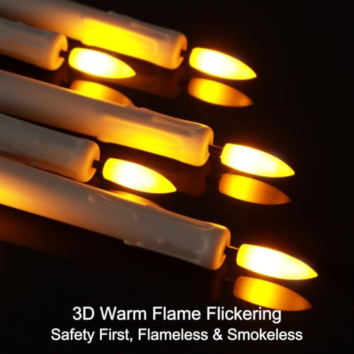 Hopule 12 Pack Flickering Flameless LED Taper Candles, Wedding Decor, White Dripping 11in
