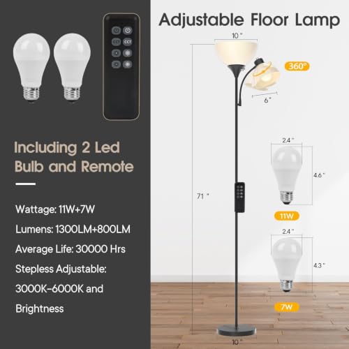 GERGO Matte Black Torchiere Floor Lamp with Remote & Adjustable Reading Light