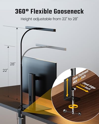 SUPERDANNY Black Clamp Desk Lamp, Eye-Caring LED Office Light, Dimmable & Touch Control