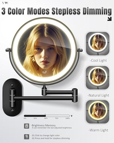 VPU 8 Inch Wall Mounted Magnifying Makeup Mirror with Light - Black (30X/1X, Rechargeable, Dimmable, Dual-Sided)