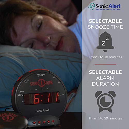 Sonic Bomb Dual Extra Loud Alarm Clock with Bed Shaker, Black & Red – Heavy Sleepers Wake Up Easily