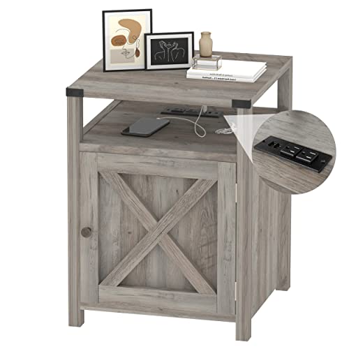 HOSEOKA Rustic Grey Farmhouse Nightstand with Charging Station, End Table