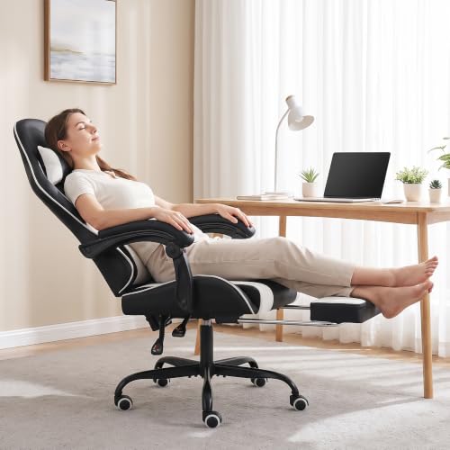 Homall White Gaming Chair with Ergonomic Headrest, Massage Lumbar Support & Footrest