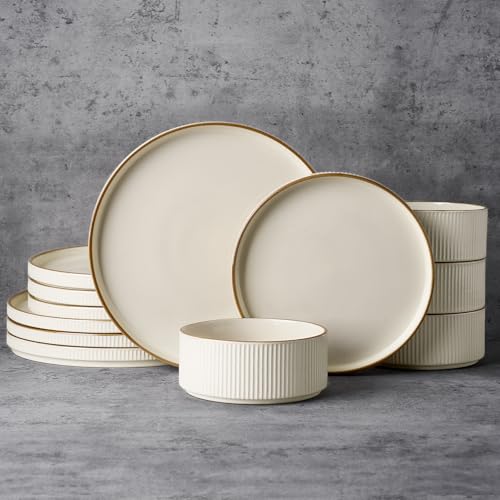 Famiware Plates and Bowls Set with Rim, Stoneware Dinnerware Sets for