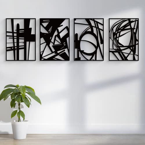 Glamativity 4 Pack Black Abstract Metal Wall Art - 16 x 11 Inches, Minimalist 3D Line Art Decor for Living Room & Bedroom
