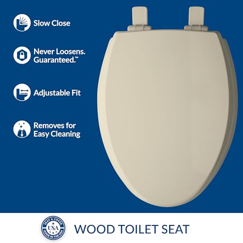 Mayfair Cassel Slow Close Elongated Toilet Seat - Easy Clean, Non Slip, Made in USA, Bone