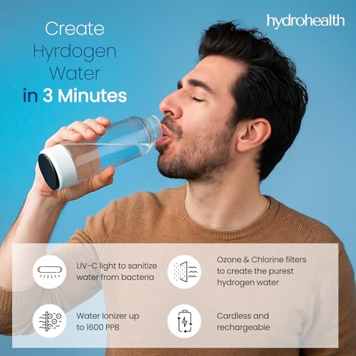 Hydrohealth Hydrogen Water Bottle for Kidney, Liver & Gut Health, 1600PPB, Rechargeable & Portable