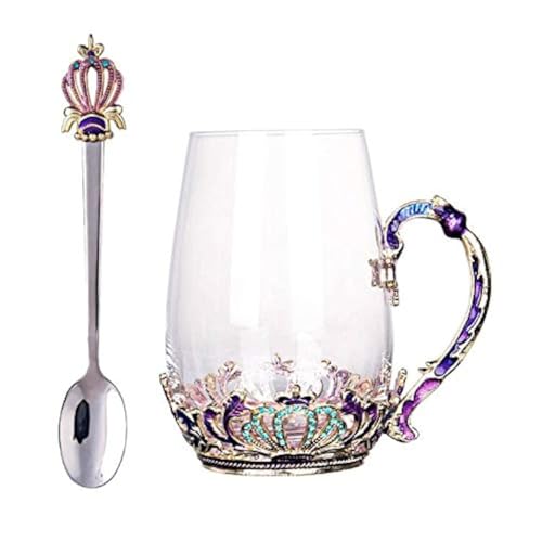 SWTHONY 12OZ Glass Fancy Tea Cup Mug with Spoon European Style Carved Flowers Gift Box