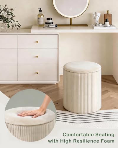 Beige Velvet Round Storage Ottoman Footrest with Hidden Compartment - LITZFUR