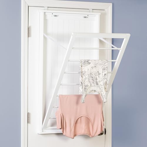 Wall-Mount Wooden Clothes Drying Rack – Supports 30 lb, White, Space-Saving