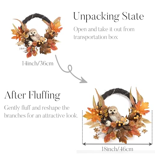 18 Inch Fall Wreath with Owl Pumpkin and LED Lights - Autumn Decor