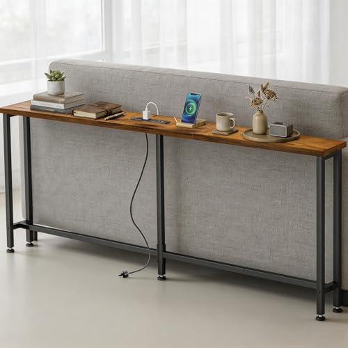 70-Inch Narrow Sofa Table with Outlets - Rustic Brown, 70.8 W x 5.9 D x 29.7 H