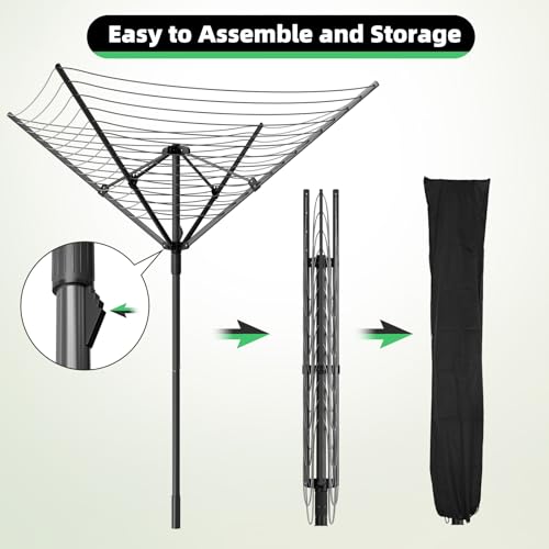 Heavy Duty Outdoor Clothes Drying Rack Black-164ft Rotating Adjustable Clothesline