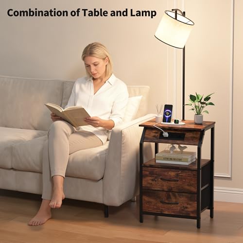 End Table with Floor Lamp and Charging Station - Brown 2 Drawers
