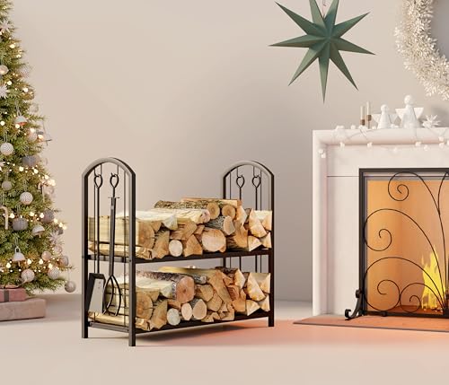 Firewood Log Rack with Fireplace Tools - 31x13x29 Inch Black Wrought Iron