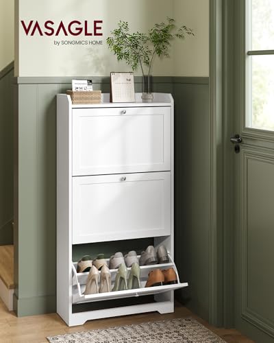VASAGLE Cloud White Shoe Storage Cabinet with 3 Flip Drawers, Slim 9.5"D x 23.6"W x 47.7"H, Holds 12-20 Pairs
