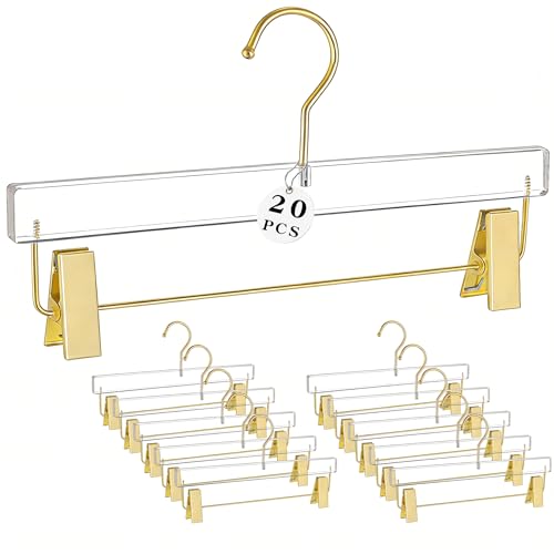 20 Pcs Clear Acrylic Hangers with Gold Clips for Clothes Closet Storage - Luxurious Skirt & Pants Hangers