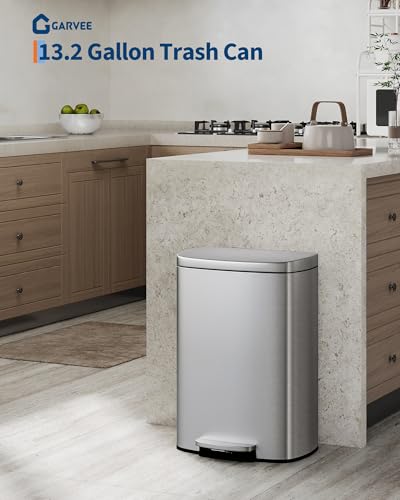 GarveeHome Stainless Steel Kitchen Trash Can, 13 Gal / 50 L Step-On