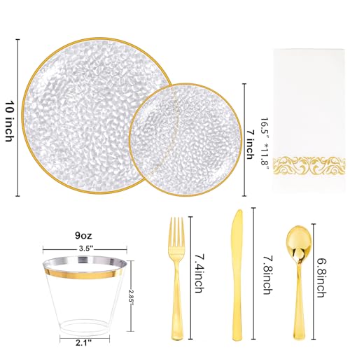 Clear Gold Hammered Plastic Plates Set - Disposable Dinnerware for Party, 350 Pcs