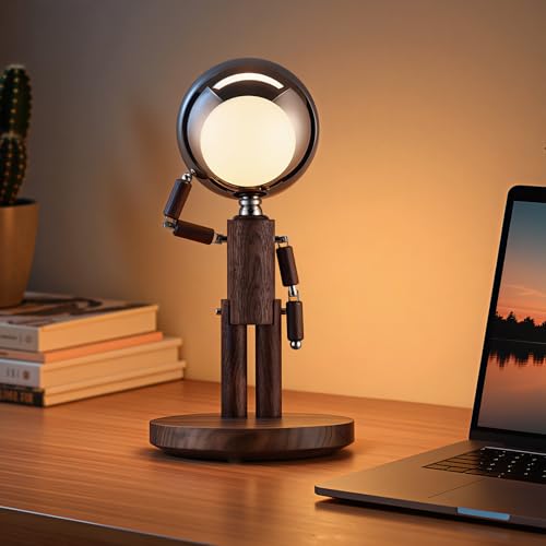 Rechargeable Wooden Table Lamp with Dimmable Moon Design - Black Walnut Variation