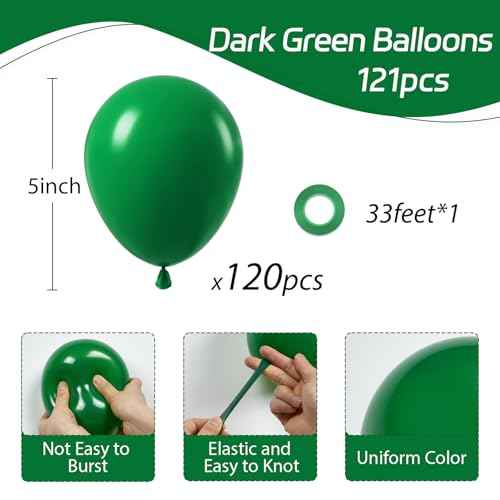 120pcs 5 inch Dark Green Balloons, small Forest Green Latex Balloons for Christmas Jungle Football Tropical Safari Birthday Party Decorations