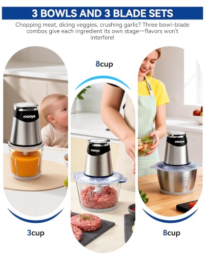 Mooye Silver Food Processor with 3 Bowls & Powerful Copper Motor, Includes Meat & Vegetable Choppers