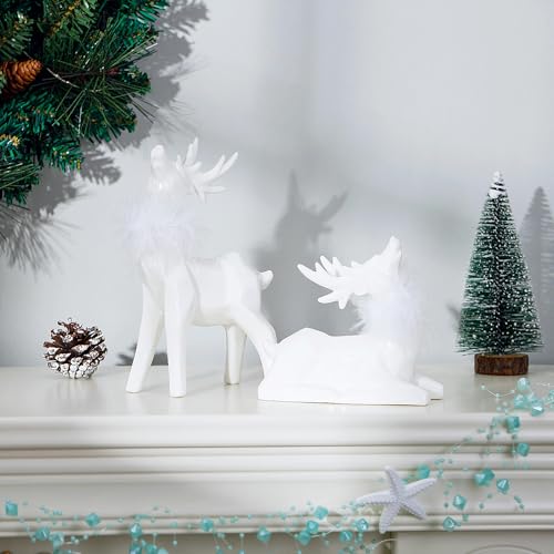 Ceramic Christmas Reindeer Figurines Set - White Deer Decor for Winter Holiday Tabletop