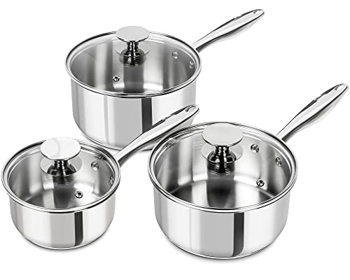Stainless Steel Saucepan Set with Lids - 1QT, 2QT, 3QT Tri-Ply Bottom, Induction & Dishwasher Safe