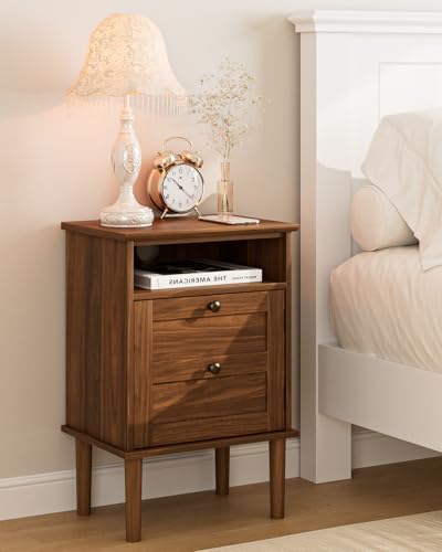 Walnut Nightstand with Drawer & Open Shelf - Modern Boho Bedside Table