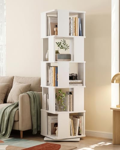 White 5-Tier Rotating Bookshelf Tower, 360° Spinning Book Shelf