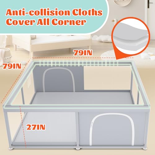 XVISHX 79x79 Inch Extra Large Baby Playpen with Soft Breathable Mesh, No Mat, Grey