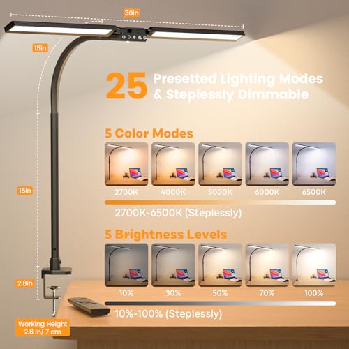 LED Desk Lamp with RGB, Remote Control, Dimmable & Rotatable Double Head - Black 22W