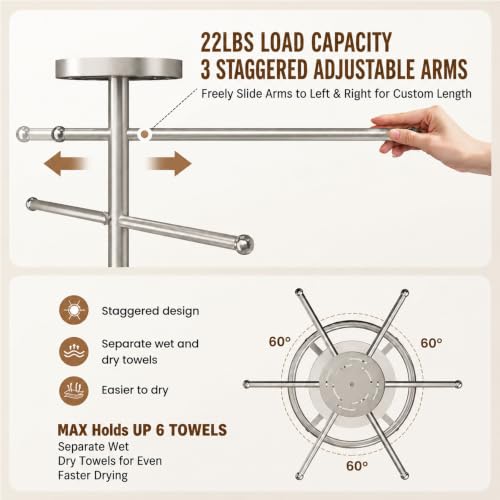Outdoor 59 Inch Pool Towel Rack with Brushed Finish, Adjustable Arms & Marble Base