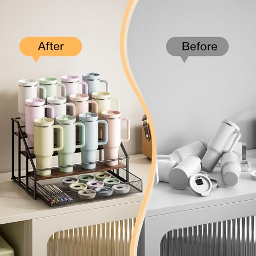 4-Tier Tumbler and Bottle Organizer Rack with Storage Basket - Natural Wood, Includes 12 Bottles