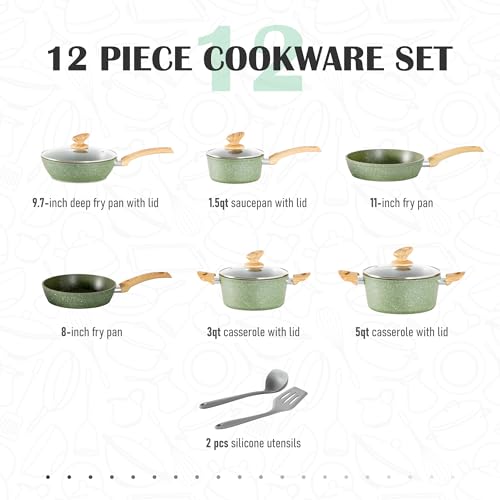 MAISON ARTS 12-Piece Green Non-Stick Cookware Set with Fry Pans, Saucepan & Utensils