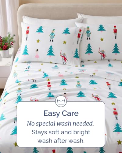 CGK 100% Cotton Flannel Bed Sheet Set - Split King, Tree Nutcracker Design