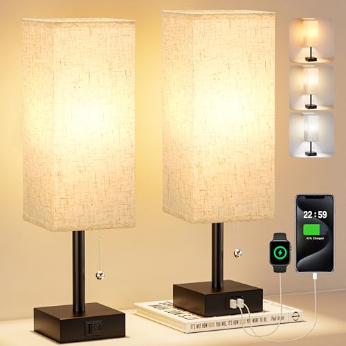 Fenmzee Bedside Lamps Set of 2 with USB-C & A Charging Ports, 3 Color Temperatures, Cream & Black, 14.3in